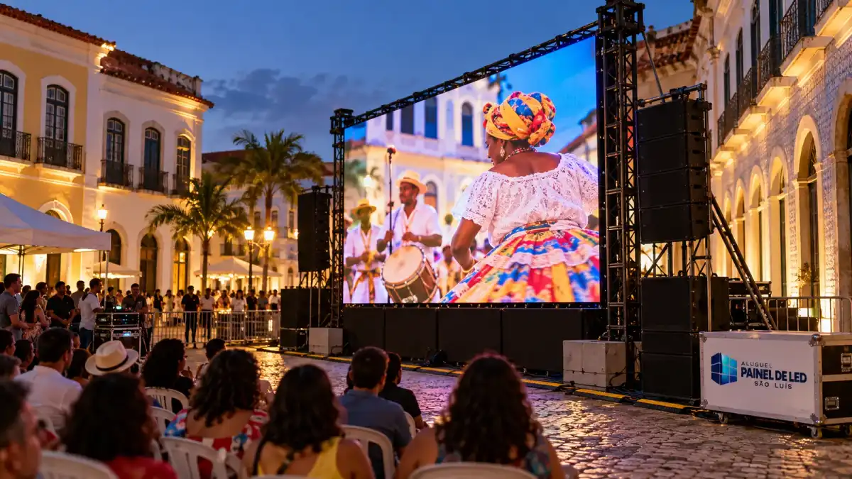 Aluguel Painel de LED São Luís — Cena ilustrativa: Painel de LED autoportante em praça do Centro Histórico de São Luís - MA, sem fixação nos casarões