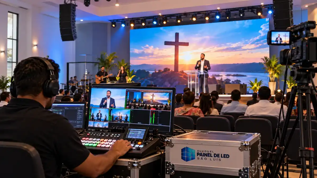 Aluguel Painel de LED São Luís — Cena ilustrativa: Painel de LED com operador de switcher em igreja na Cohama, São Luís - MA