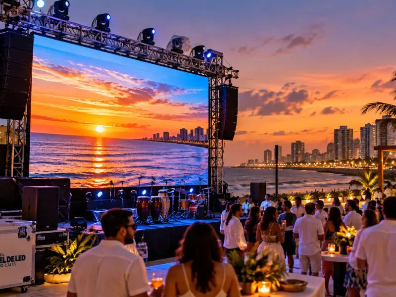 Aluguel Painel de LED São Luís — Cena ilustrativa: Painel de LED outdoor IP65 em festa à beira-mar na Ponta d'Areia, São Luís - MA
