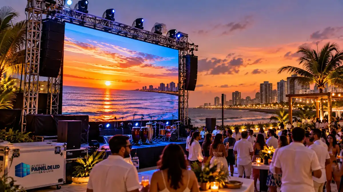 Aluguel Painel de LED São Luís — Cena ilustrativa: Painel de LED outdoor IP65 em festa à beira-mar na Ponta d'Areia, São Luís - MA