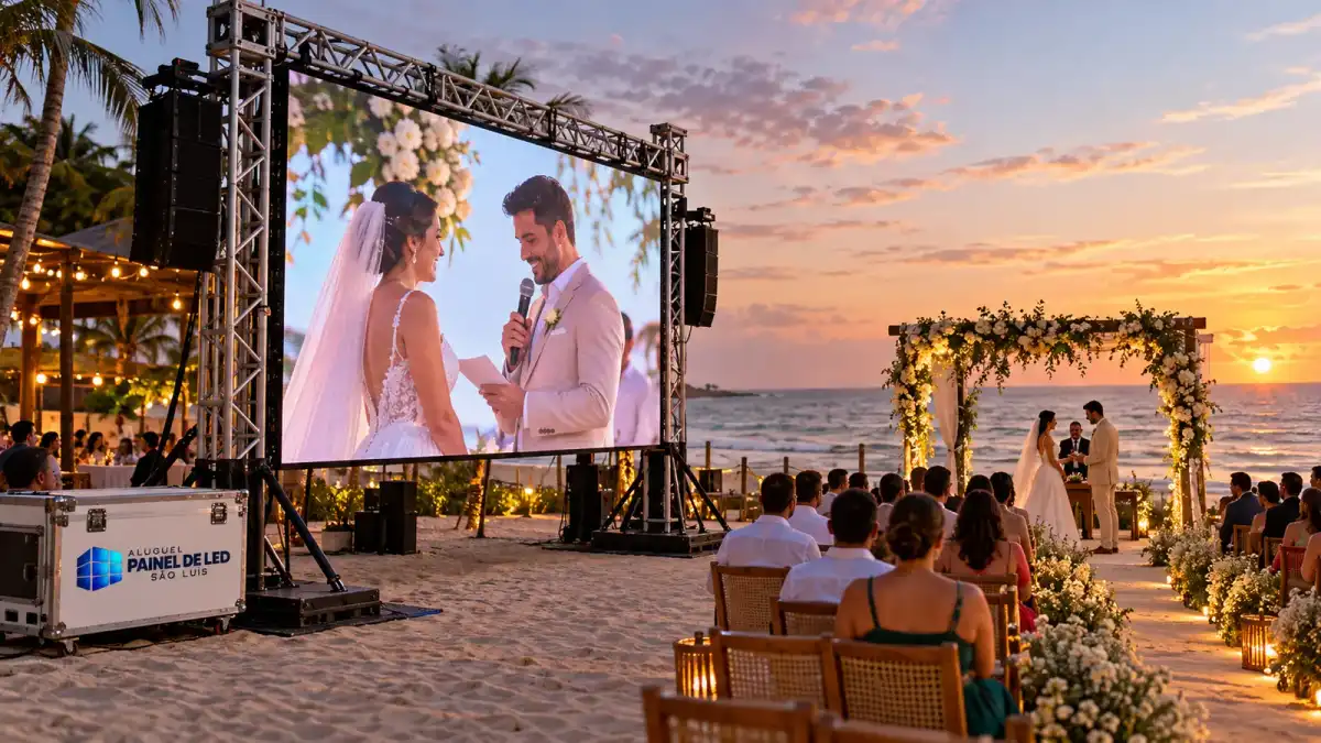 Aluguel Painel de LED São Luís — Cena ilustrativa: Tela de LED outdoor em casamento pé na areia na praia do Olho d'Água, São Luís - MA