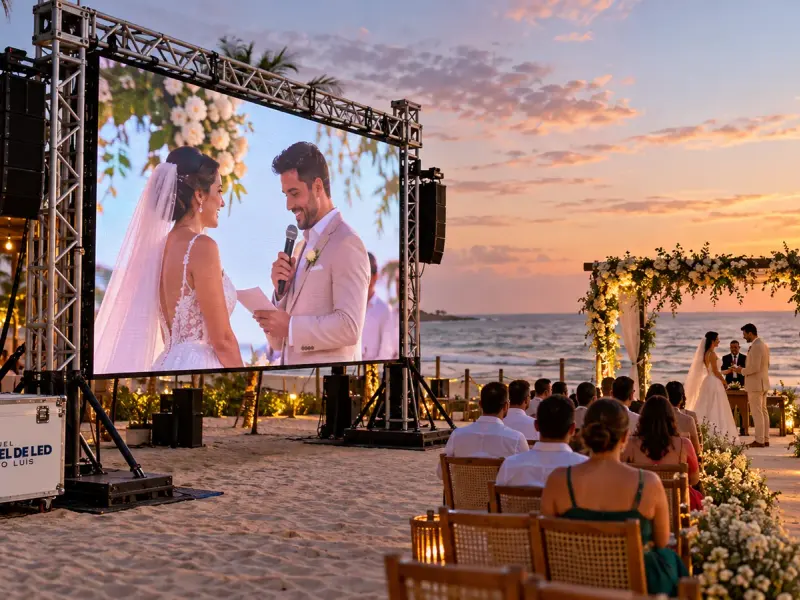 Aluguel Painel de LED São Luís — Cena ilustrativa: Tela de LED outdoor em casamento pé na areia na praia do Olho d'Água, São Luís - MA