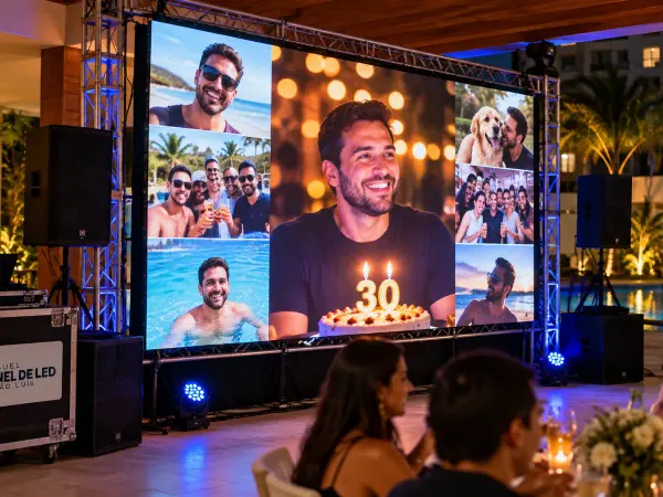 Aluguel Painel de LED São Luís — Cena ilustrativa: Painel de LED com fotos do aniversariante em festa em área de lazer de condomínio em São Luís - MA