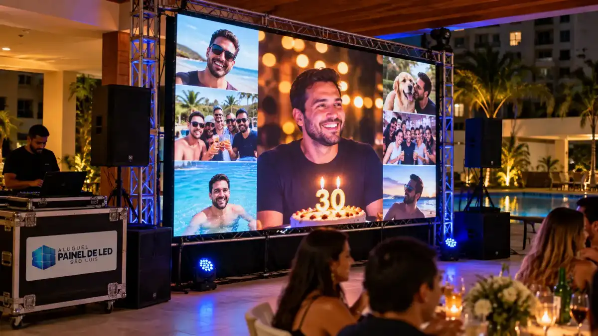 Aluguel Painel de LED São Luís — Cena ilustrativa: Painel de LED com fotos do aniversariante em festa em área de lazer de condomínio em São Luís - MA