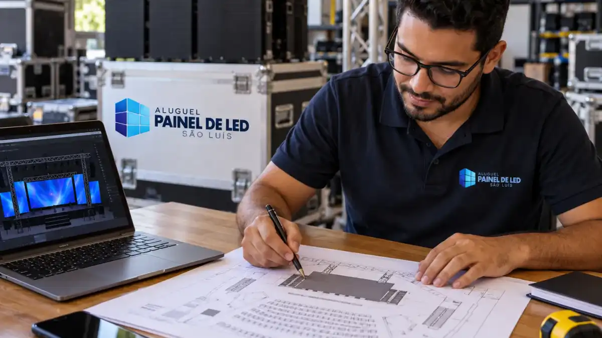 Aluguel Painel de LED São Luís — Cena ilustrativa: Planejamento de montagem de telão com notebook e planta do evento