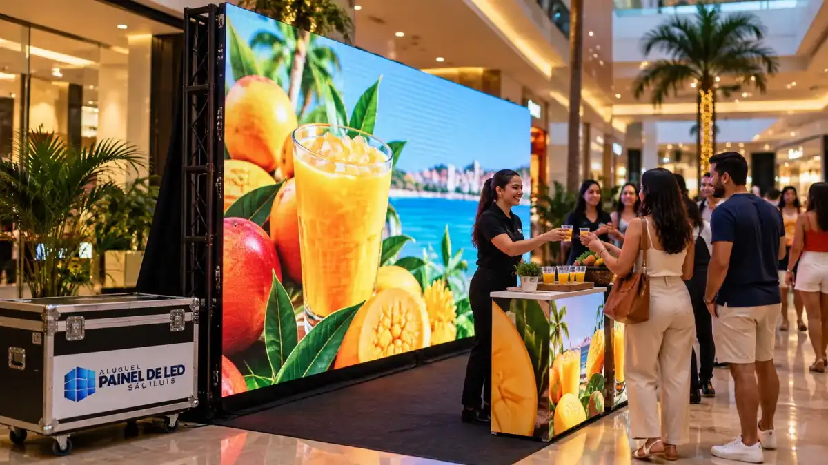 Aluguel Painel de LED São Luís — Cena ilustrativa: Painel de LED de ativação de marca em corredor de shopping em São Luís - MA