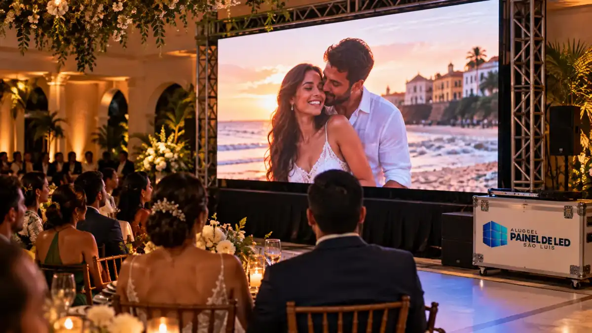 Aluguel Painel de LED São Luís — Cena ilustrativa: Painel de LED P2.6 com retrospectiva do casal em salão de casamento em São Luís - MA