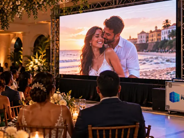 Aluguel Painel de LED São Luís — Cena ilustrativa: Painel de LED P2.6 com retrospectiva do casal em salão de casamento em São Luís - MA