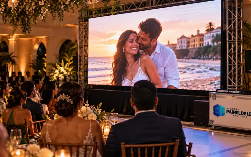 Aluguel Painel de LED São Luís — Cena ilustrativa: Painel de LED P2.6 com retrospectiva do casal em salão de casamento em São Luís - MA