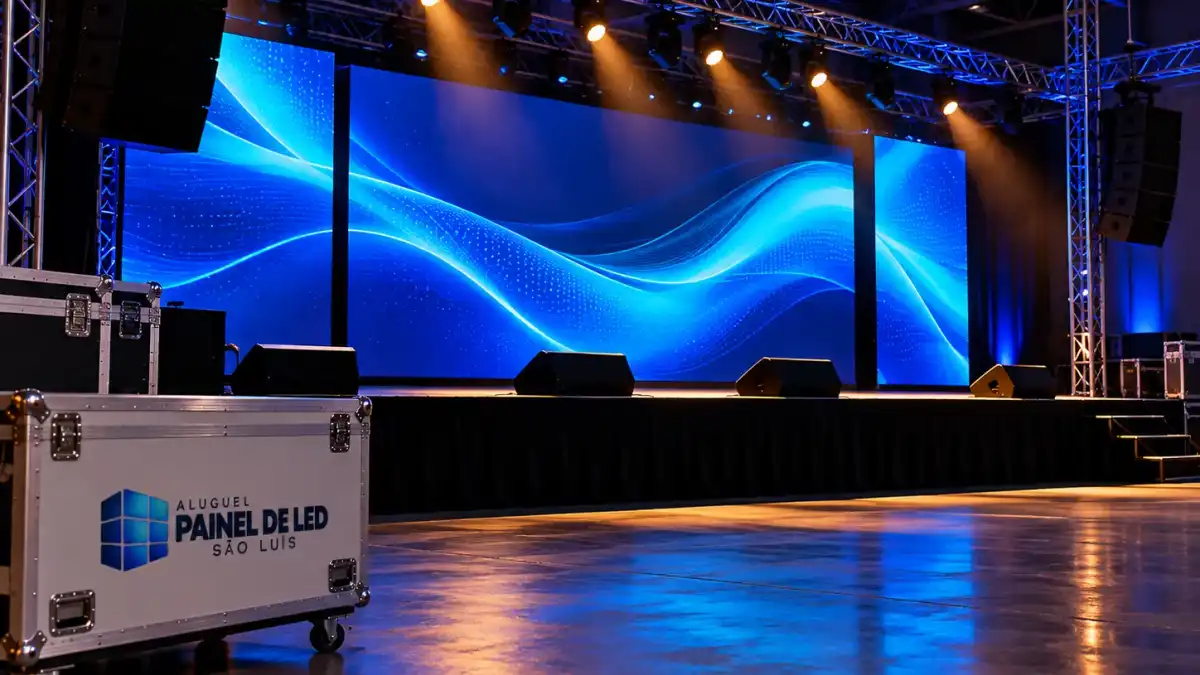Aluguel Painel de LED São Luís — Cena ilustrativa: telão e iluminação em palco preparado para evento