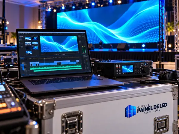 Aluguel Painel de LED São Luís — Cena ilustrativa: Estação de playback com notebook e prévia do conteúdo para telão