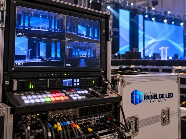 Aluguel Painel de LED São Luís — Cena ilustrativa: Processadora de vídeo e switcher com monitor de múltiplas entradas