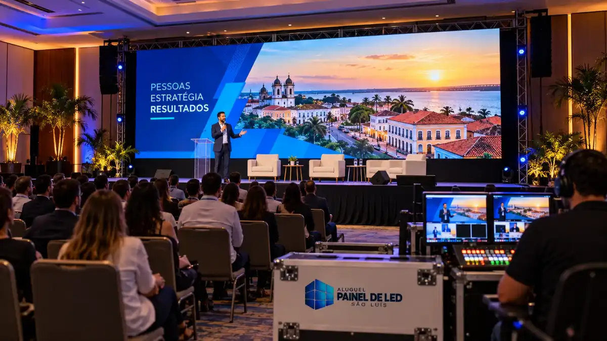 Aluguel Painel de LED São Luís — Cena ilustrativa: Painel de LED P2.9 em palco de convenção corporativa em auditório de hotel em São Luís - MA