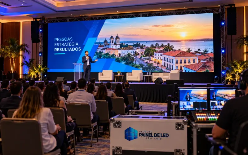 Aluguel Painel de LED São Luís — Cena ilustrativa: Painel de LED P2.9 em palco de convenção corporativa em auditório de hotel em São Luís - MA