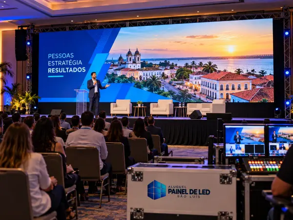 Aluguel Painel de LED São Luís — Cena ilustrativa: Painel de LED P2.9 em palco de convenção corporativa em auditório de hotel em São Luís - MA