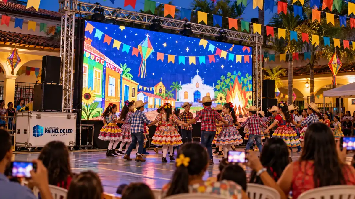 Aluguel Painel de LED São Luís — Cena ilustrativa: Painel de LED em festa junina de escola com quadrilha no pátio em São Luís - MA