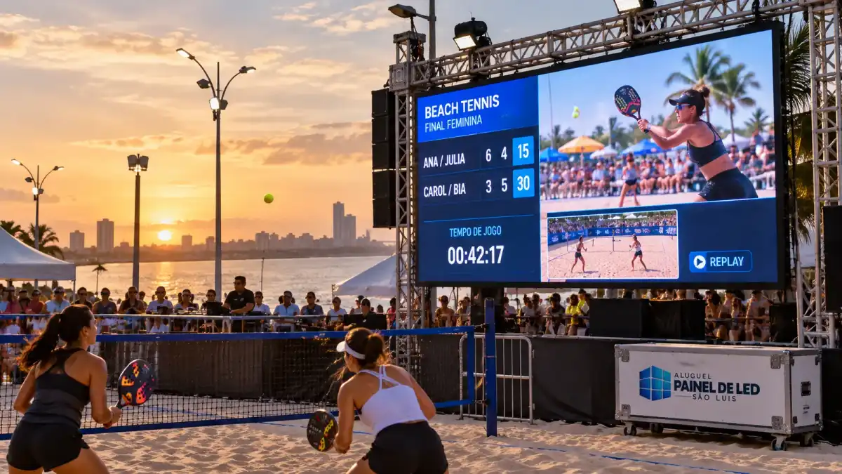 Aluguel Painel de LED São Luís — Cena ilustrativa: Telão de LED outdoor com placar em torneio de beach tennis na orla de São Luís - MA