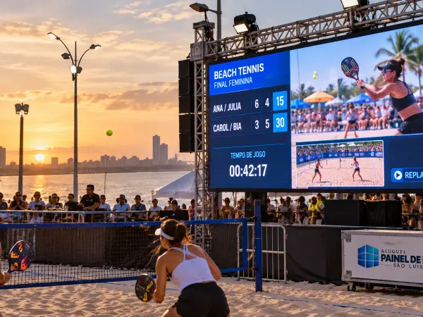Aluguel Painel de LED São Luís — Cena ilustrativa: Telão de LED outdoor com placar em torneio de beach tennis na orla de São Luís - MA