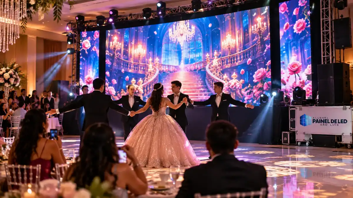 Aluguel Painel de LED São Luís — Cena ilustrativa: Painel de LED com cenário animado na valsa de festa de 15 anos em salão de São Luís - MA