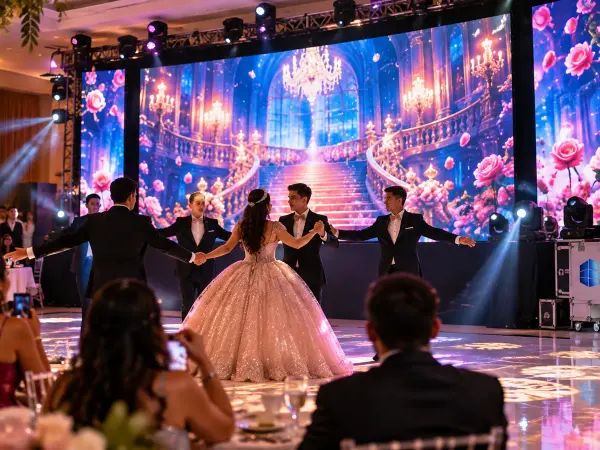 Aluguel Painel de LED São Luís — Cena ilustrativa: Painel de LED com cenário animado na valsa de festa de 15 anos em salão de São Luís - MA
