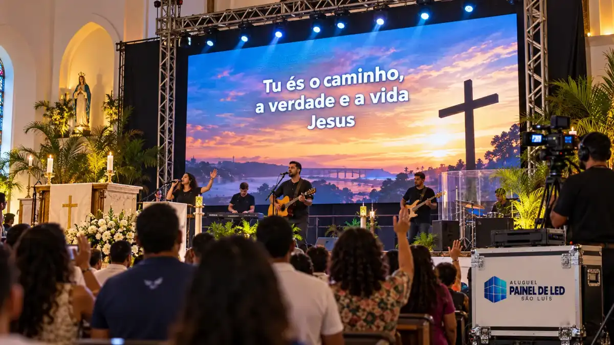 Aluguel Painel de LED São Luís — Cena ilustrativa: Painel de LED com letras de louvor no altar de igreja em São Luís - MA