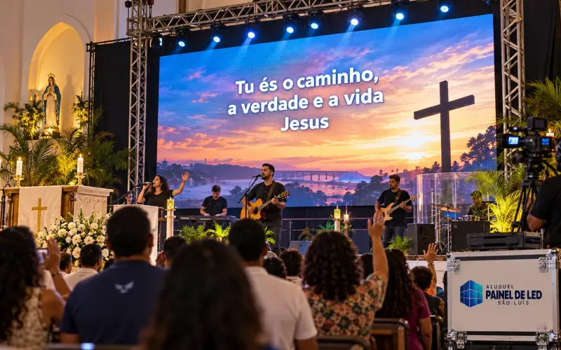 Aluguel Painel de LED São Luís — Cena ilustrativa: Painel de LED com letras de louvor no altar de igreja em São Luís - MA