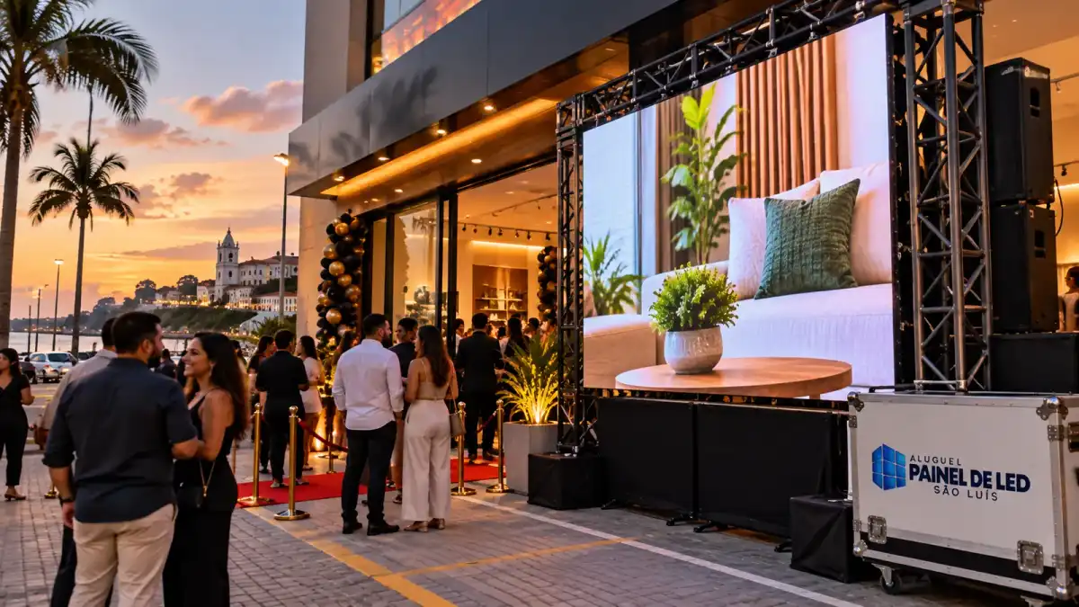 Aluguel Painel de LED São Luís — Cena ilustrativa: Painel de LED outdoor na fachada de loja em inauguração em São Luís - MA