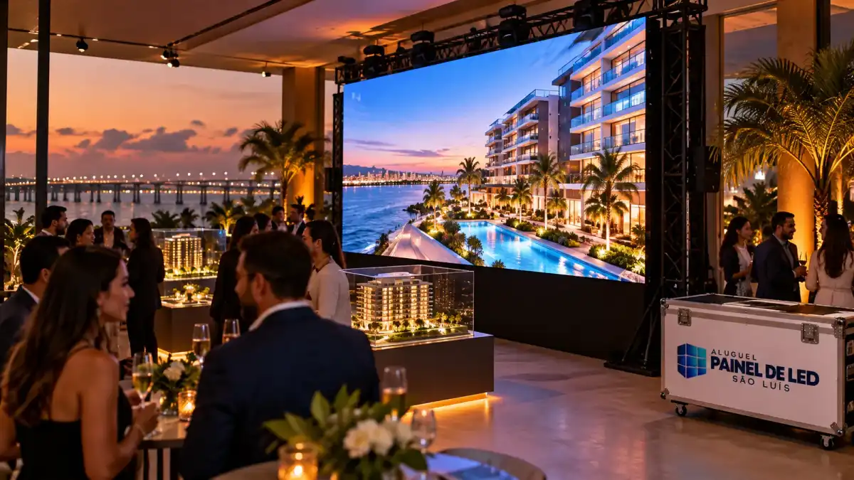 Aluguel Painel de LED São Luís — Cena ilustrativa: Painel de LED P2.6 em coquetel de lançamento imobiliário em São Luís - MA