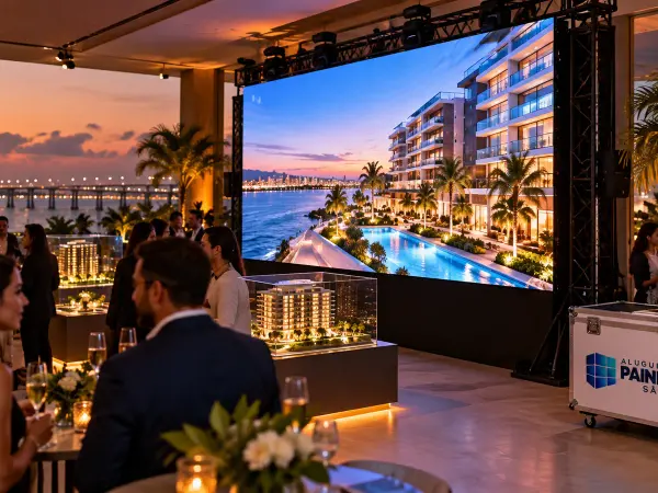 Aluguel Painel de LED São Luís — Cena ilustrativa: Painel de LED P2.6 em coquetel de lançamento imobiliário em São Luís - MA