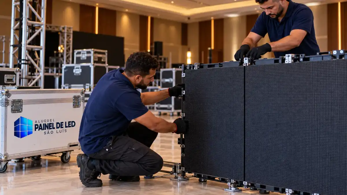 Aluguel Painel de LED São Luís — Cena ilustrativa: Técnicos preparando gabinetes e testando painel de LED em salão