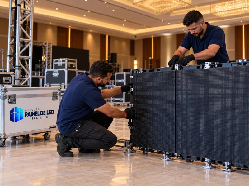 Aluguel Painel de LED São Luís — Cena ilustrativa: Técnicos preparando gabinetes e testando painel de LED em salão