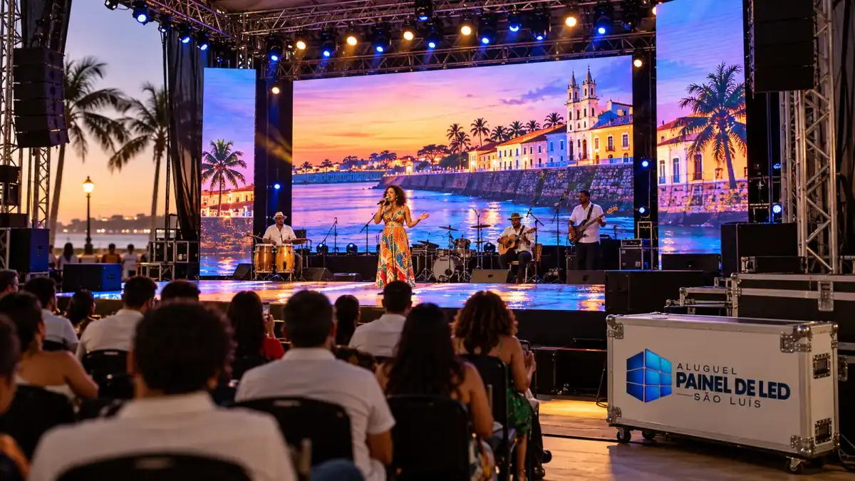 Aluguel Painel de LED São Luís — Cena ilustrativa: Painel de LED de fundo de palco suspenso em box truss em evento em São Luís - MA