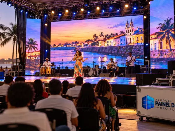 Aluguel Painel de LED São Luís — Cena ilustrativa: Painel de LED de fundo de palco suspenso em box truss em evento em São Luís - MA