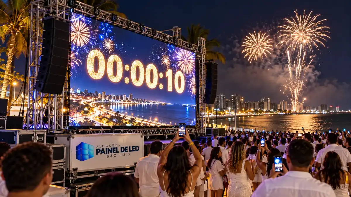 Aluguel Painel de LED São Luís — Cena ilustrativa: Telão de LED outdoor com contagem regressiva em festa de Réveillon na orla de São Luís - MA