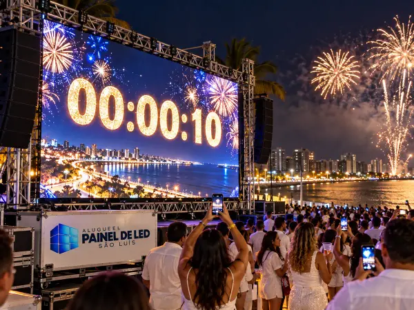 Aluguel Painel de LED São Luís — Cena ilustrativa: Telão de LED outdoor com contagem regressiva em festa de Réveillon na orla de São Luís - MA