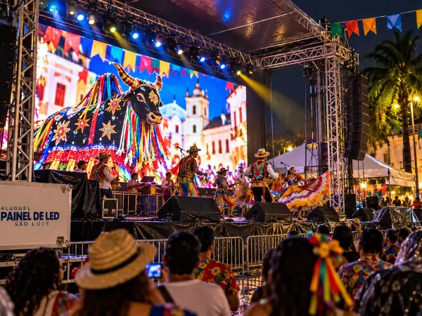 Aluguel Painel de LED São Luís — Cena ilustrativa: Telão de LED em palco de arraial de São João com apresentação de bumba-meu-boi em São Luís - MA