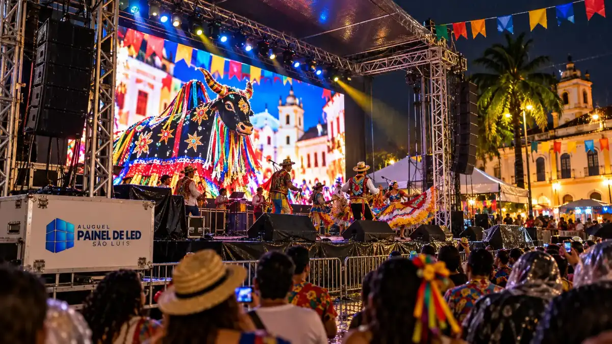 Aluguel Painel de LED São Luís — Cena ilustrativa: Telão de LED em palco de arraial de São João com apresentação de bumba-meu-boi em São Luís - MA