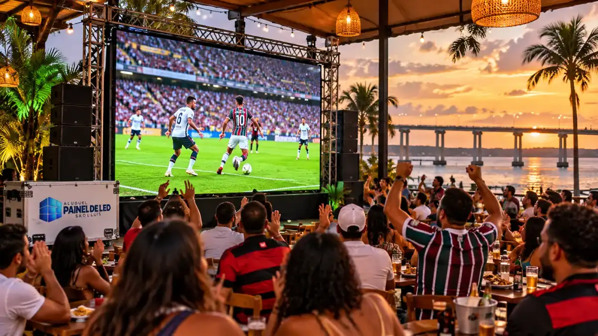Aluguel Painel de LED São Luís — Cena ilustrativa: Telão de LED transmitindo jogo de futebol em bar com público em São Luís - MA