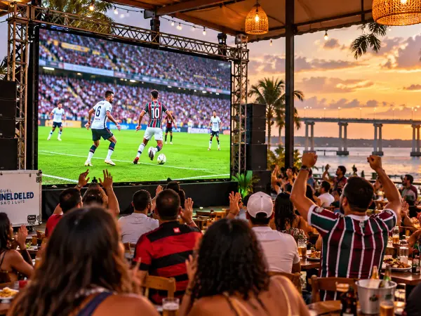 Aluguel Painel de LED São Luís — Cena ilustrativa: Telão de LED transmitindo jogo de futebol em bar com público em São Luís - MA